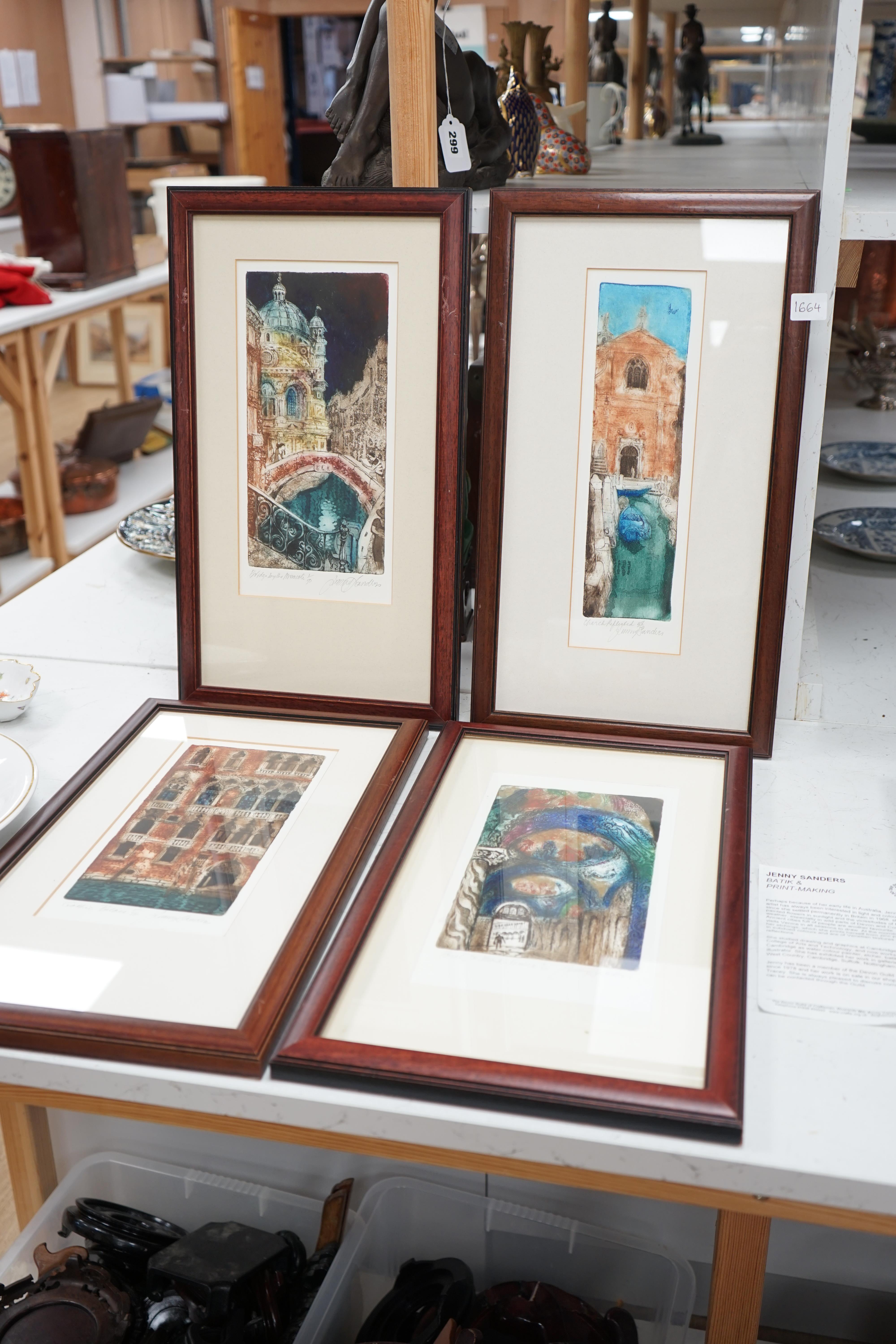 Jenny Sanders, four colour etchings, Venetian scenes including ‘St. Mark's, Venice’ and ‘Castello Sestiere’, each pencil signed and limited edition, largest 31 x 16cm. Condition - good